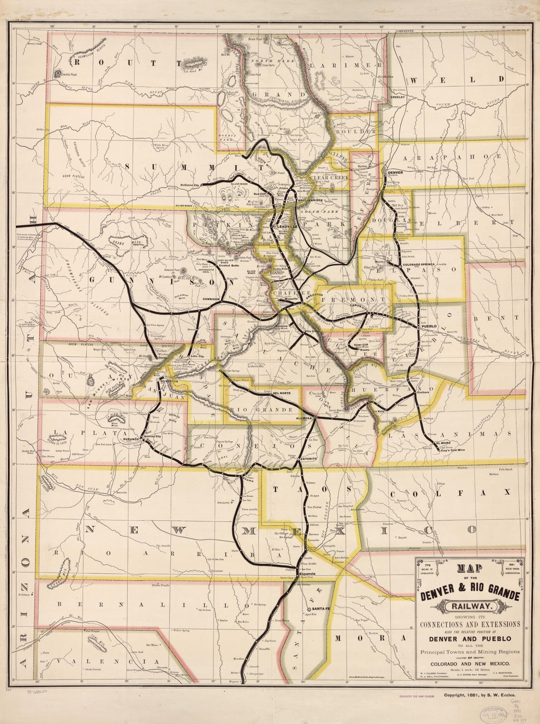 This old map of Map of the Denver & Rio Grande Railway, Showing Its Connections and Extensions Also the Relative Position of Denver and Pueblo to All the Principal Towns and Mining Regions of Colorado and New Mexico from 1881 was created by Denver and R