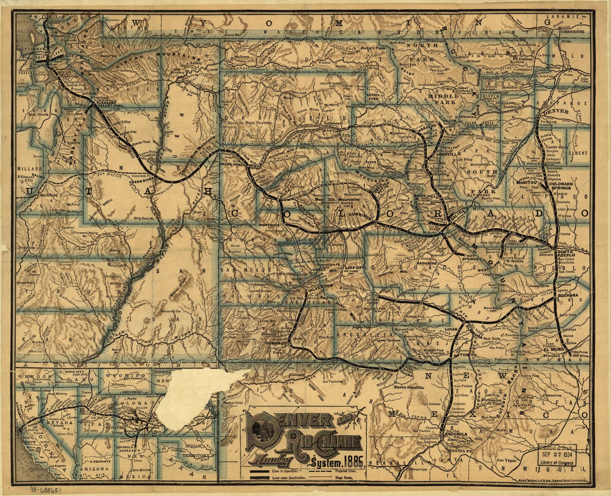 This old map of Denver and Rio Grande Railway System, from 1886 was created by Denver and Rio Grande Railway Company, Rand McNally and Company in 1886