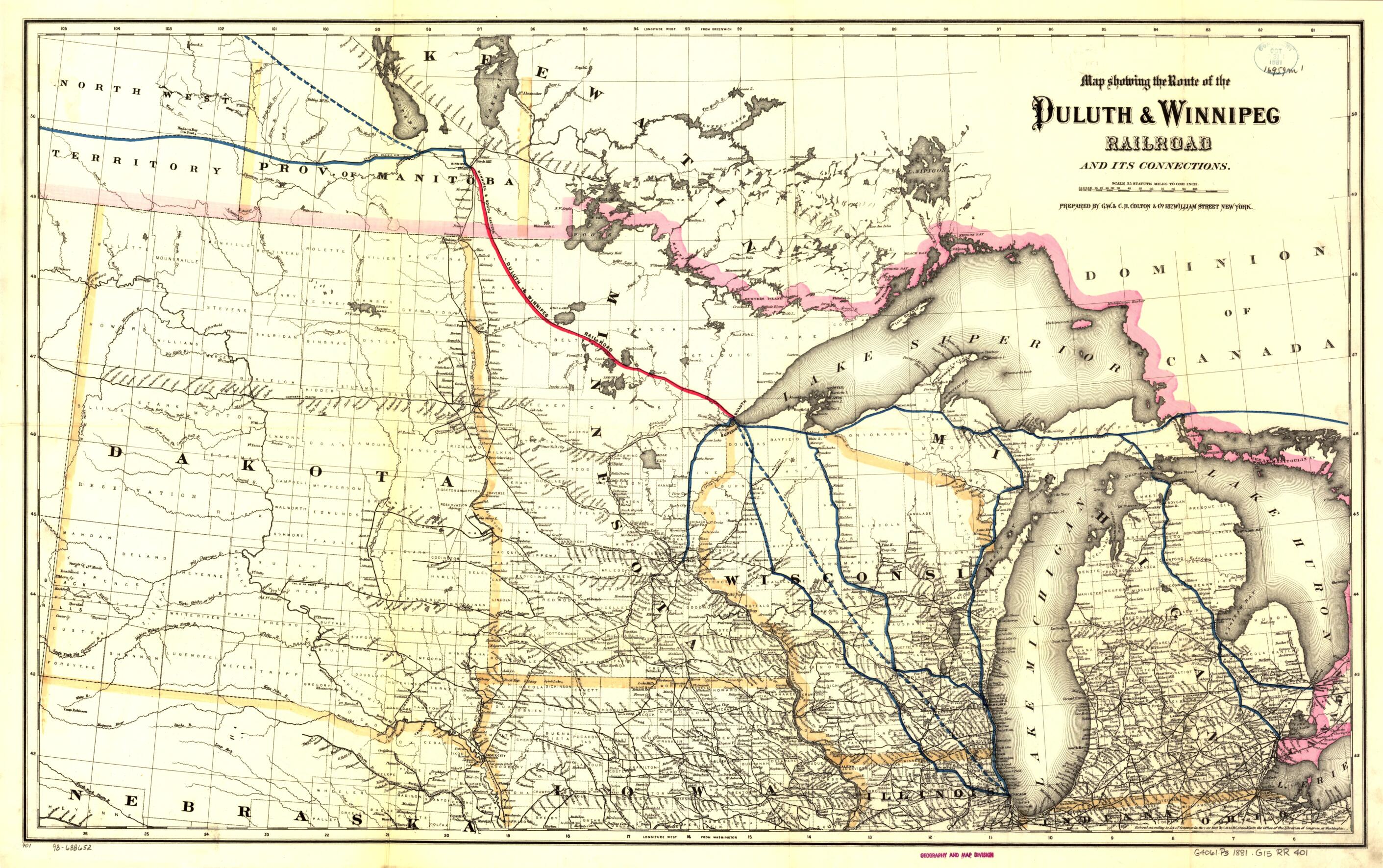 This old map of Map Showing the Route of the Duluth & Winnipeg Railroad and Its Connections from 1881 was created by Duluth and Winnipeg Railway Company, G.W. & C.B. Colton & Co in 1881