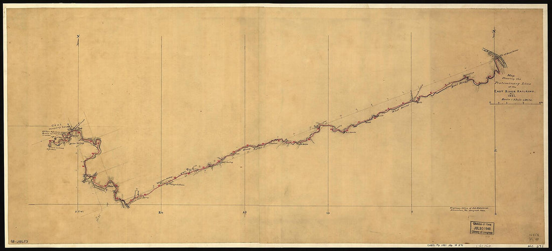 This old map of Map Showing the Preliminary Line of the East River Railroad, May, from 1881 was created by East River Rail Road Company, Jedediah Hotchkiss in 1881