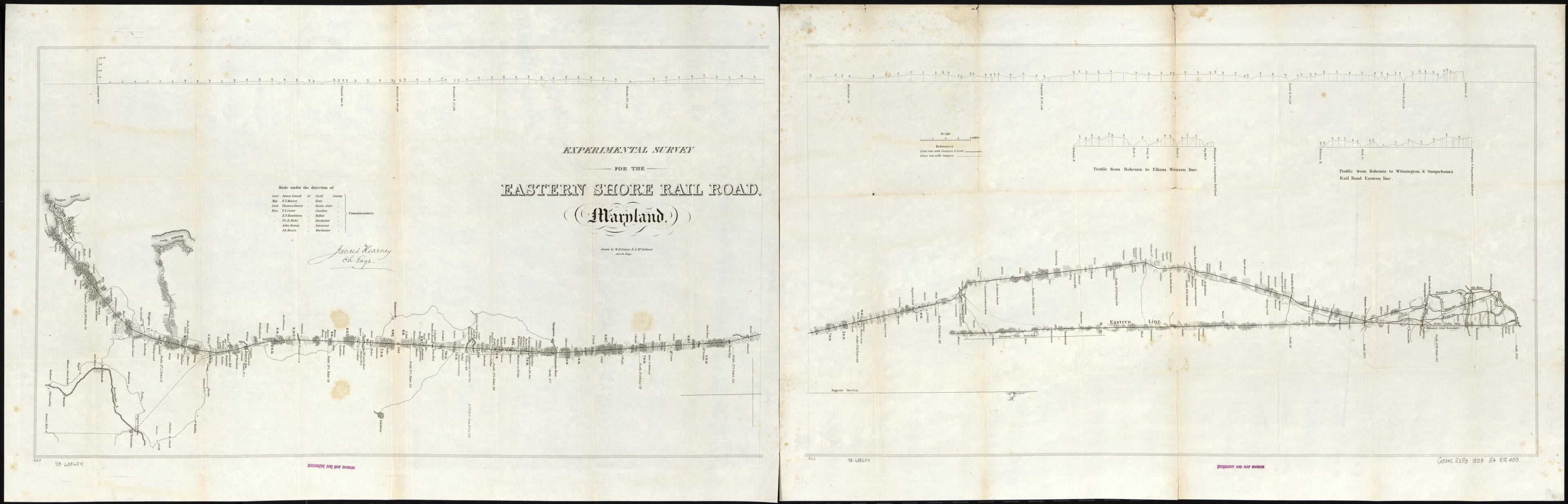 This old map of Experimental Survey for the Eastern Shore Rail Road, Maryland, Drawn by W. H. Emory & J. McClelland Asst. Civ. Engs., Made Under the Direction of James Kearney from 1853 was created by Eastern Shore Railroad, William H. (William Hemsley)