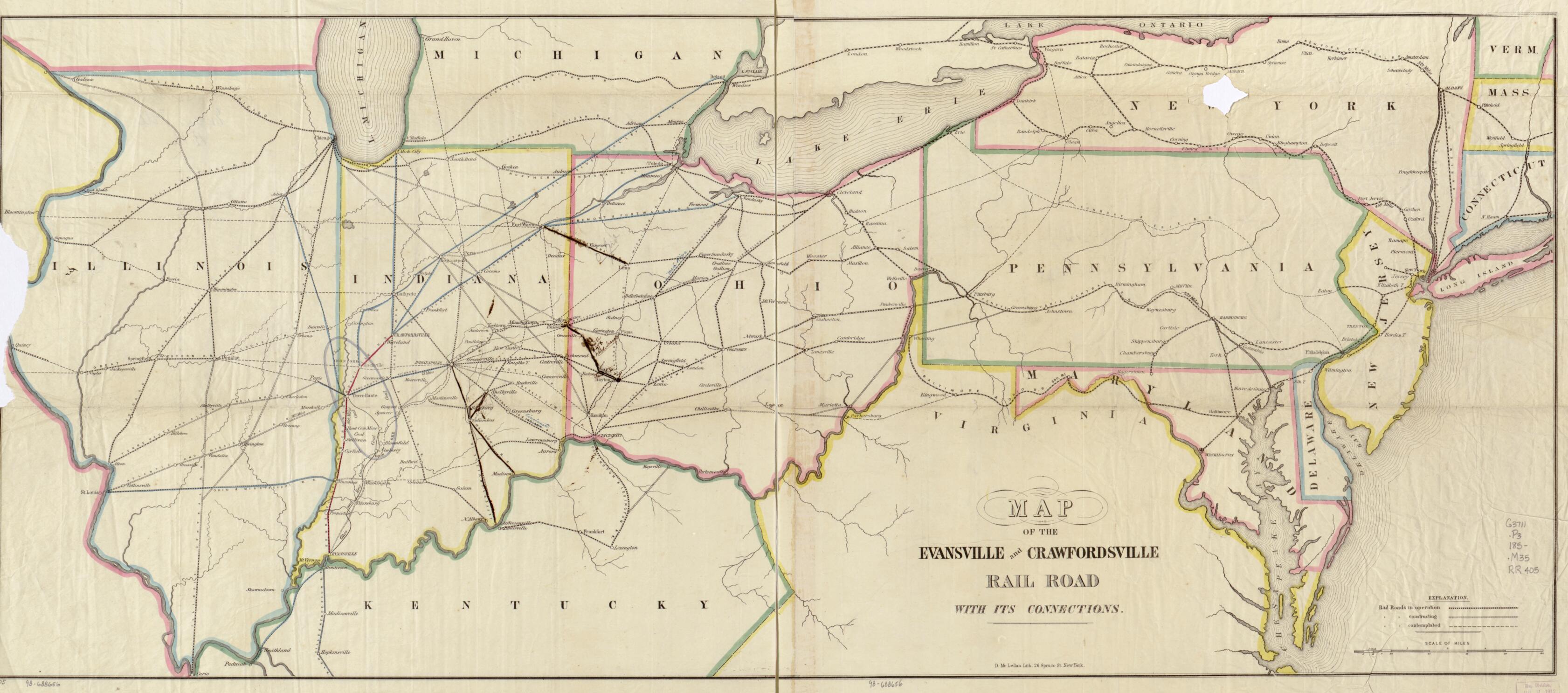 This old map of Map of the Evansville and Crawfordsville Rail Road With Its Connections from 1850 was created by Evansville & Crawfordsville Rail Road Company, David McLellan in 1850