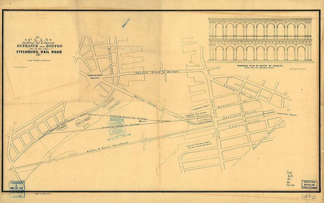 This old map of Plan Showing the Proposed Entrance Into Boston of the Fitchburg Rail Road from 1840 was created by Elisha W. Bouvé, Fitchburg Railroad in 1840