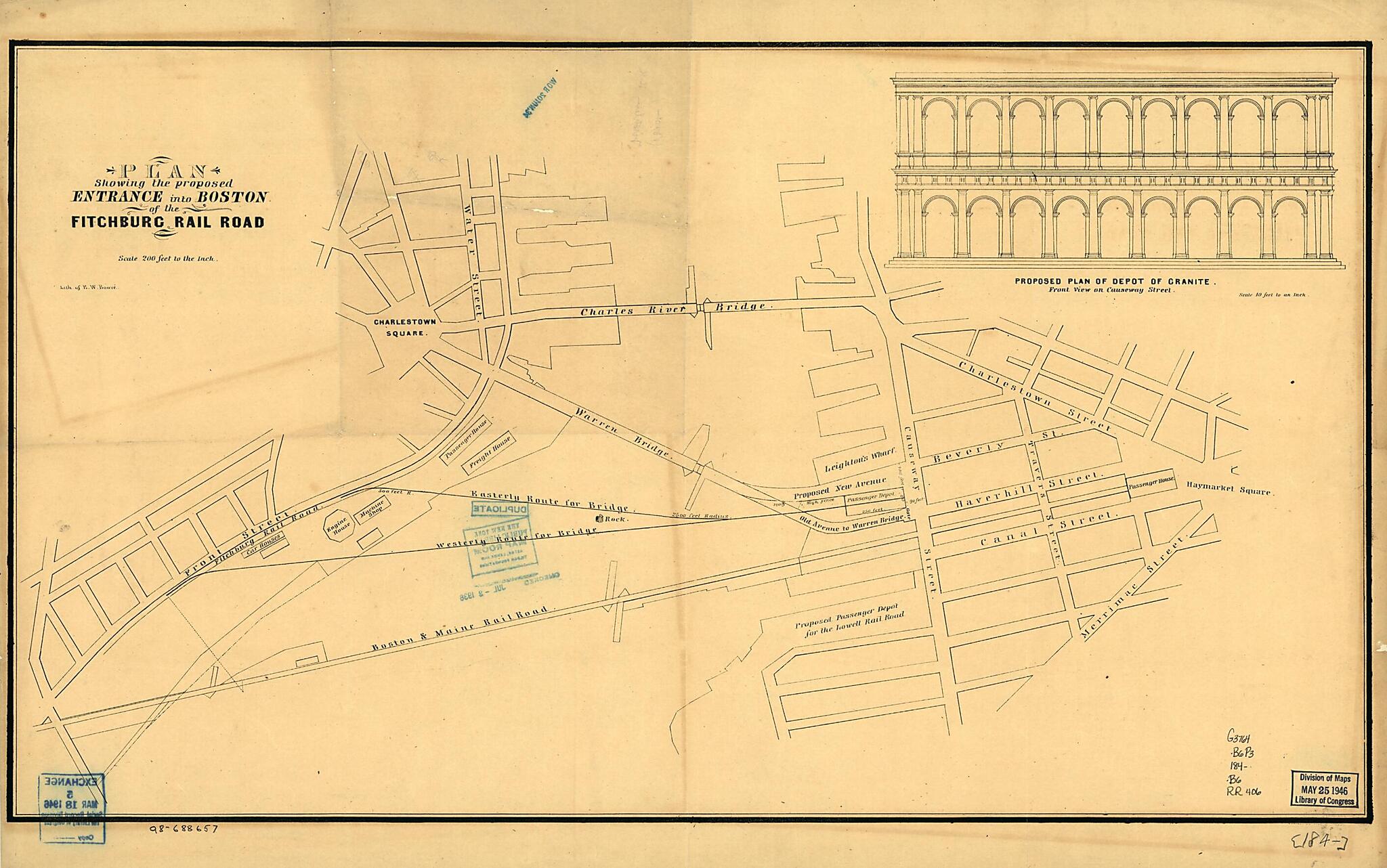 This old map of Plan Showing the Proposed Entrance Into Boston of the Fitchburg Rail Road from 1840 was created by Elisha W. Bouvé, Fitchburg Railroad in 1840