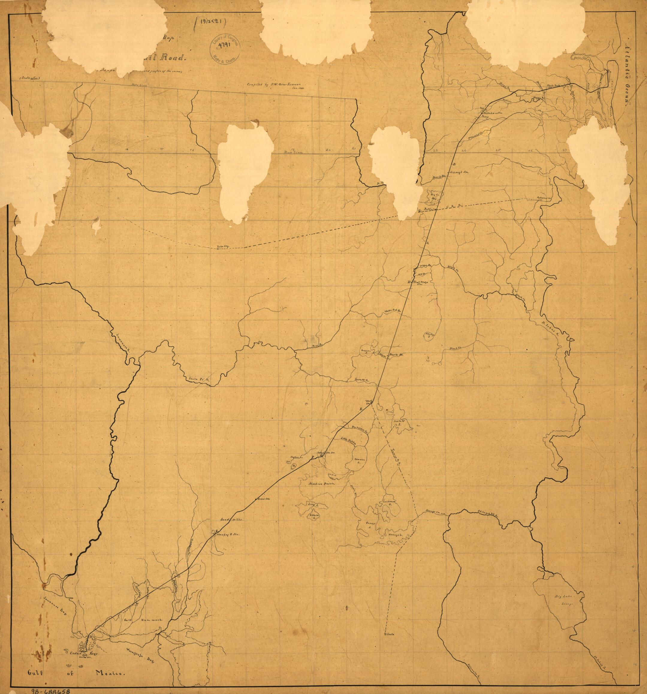 This old map of Sketch Map of Northeastern Florida Showing the Florida Railroad and Proposed Connections Jan. from 1860 was created by Florida Railroad Company, P. W. Oscar Koerner in 1860