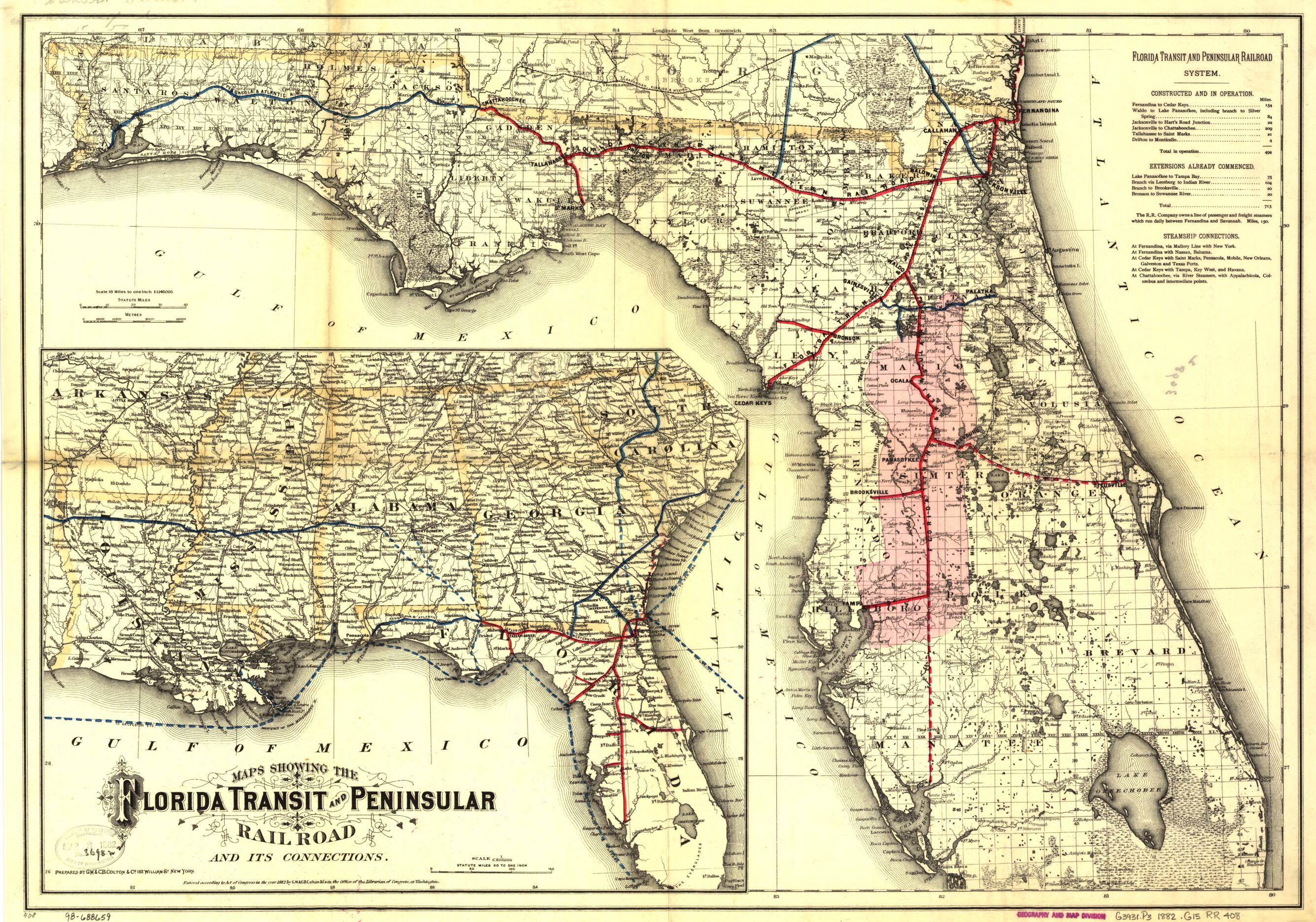 This old map of Maps Showing the Florida Transit and Peninsula Rail Road and Its Connections from 1882 was created by Florida Transit and Peninsula Railroad, G.W. & C.B. Colton & Co in 1882