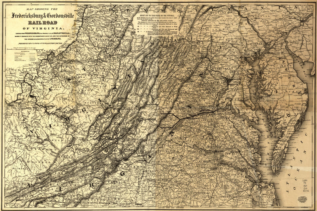 This old map of Map Showing the Fredericksburg & Gordonsville Rail Road of Virginia, Leading from Fredericksburg, Via Orange C.H., to Charlottesville, Where It Connects With the Chesapeake & Ohio R.R. and the Extension of the Orange & Alexandra R.R. to L