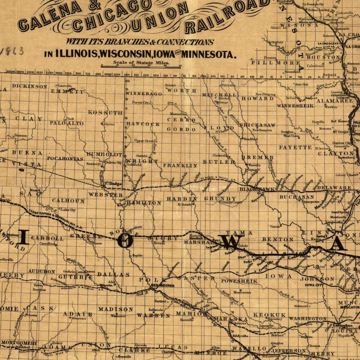 This old map of Map Showing the Location of the Galena & Chicago Union Railroad With Its Branches & Connections In Illinois, Wisconsin, Iowa and Minnesota from 1862 was created by  G.W. & C.B. Colton & Co,  Galena and Chicago Union Railroad Company in 18