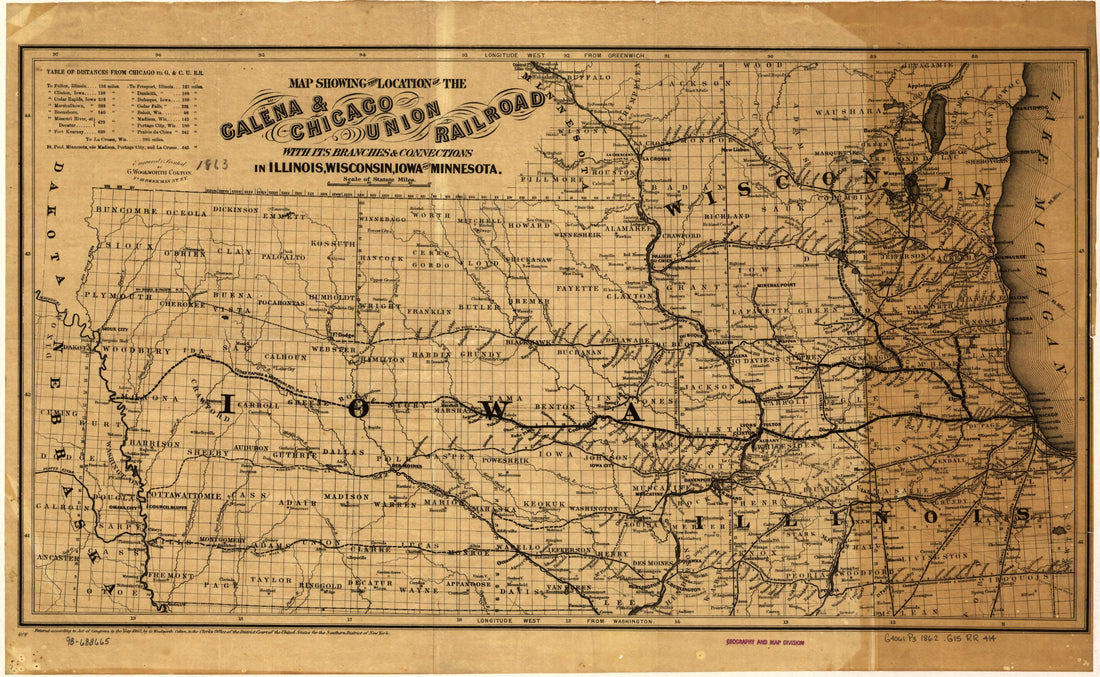 This old map of Map Showing the Location of the Galena & Chicago Union Railroad With Its Branches & Connections In Illinois, Wisconsin, Iowa and Minnesota from 1862 was created by G.W. & C.B. Colton & Co, Galena and Chicago Union Railroad Company in 18