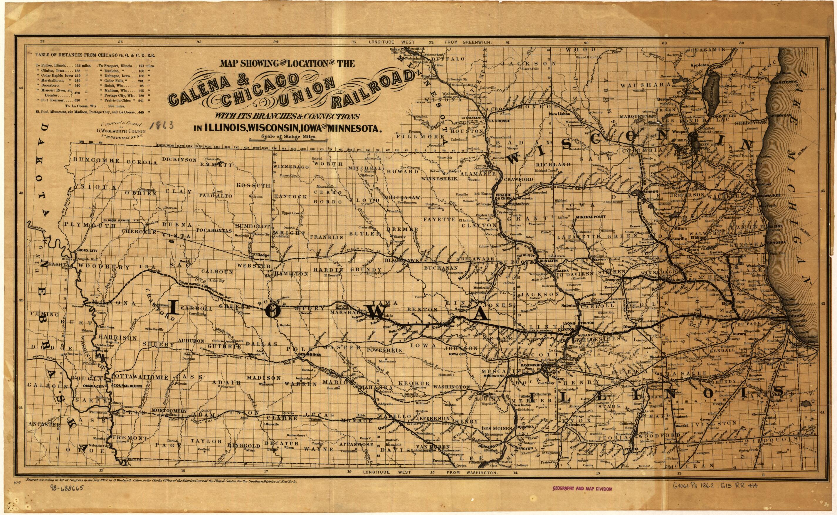 This old map of Map Showing the Location of the Galena & Chicago Union Railroad With Its Branches & Connections In Illinois, Wisconsin, Iowa and Minnesota from 1862 was created by G.W. & C.B. Colton & Co, Galena and Chicago Union Railroad Company in 18