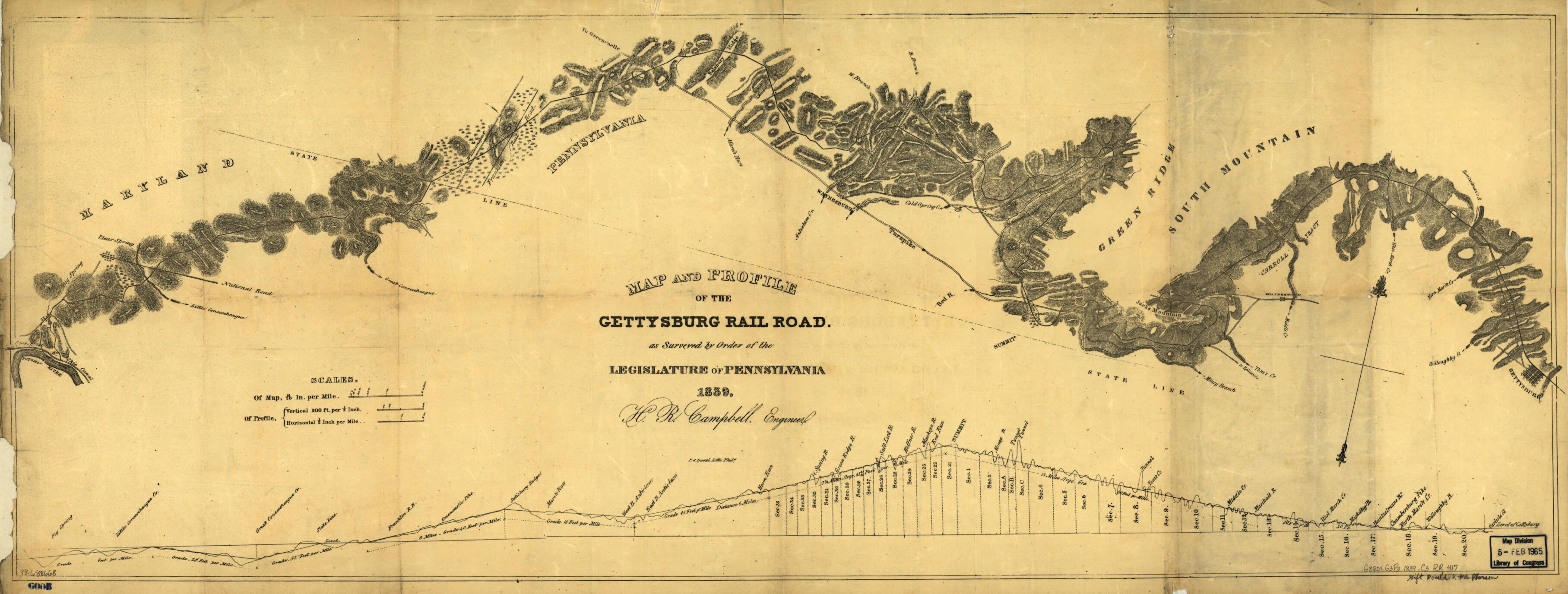 This old map of Map and Profile of the Gettysburg Rail Road As Surveyed by Order of the Legislature of Pennsylvania, from 1839 was created by Henry R. Campbell, Gettysburg Railroad in 1839