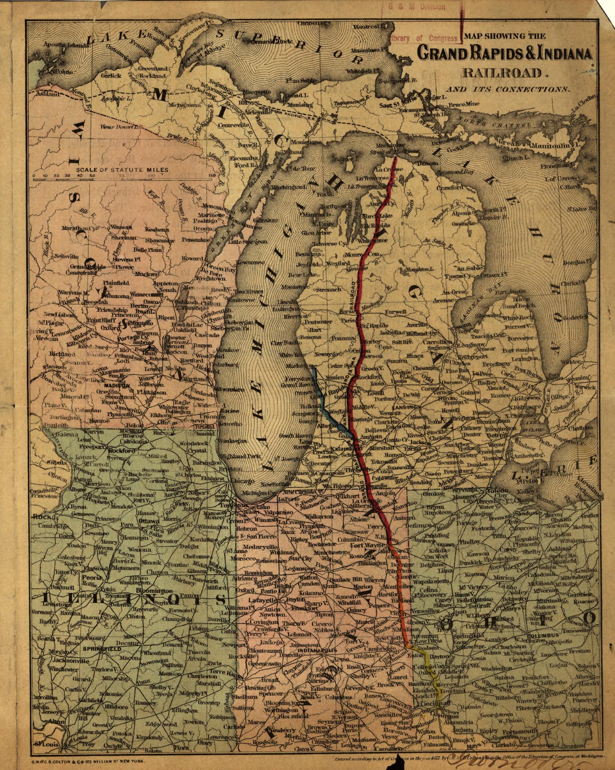 This old map of Map Showing the Grand Rapids & Indiana Railroad, and Its Connections from 1871 was created by G.W. & C.B. Colton & Co, Grand Rapids and Indiana Railroad Company in 1871