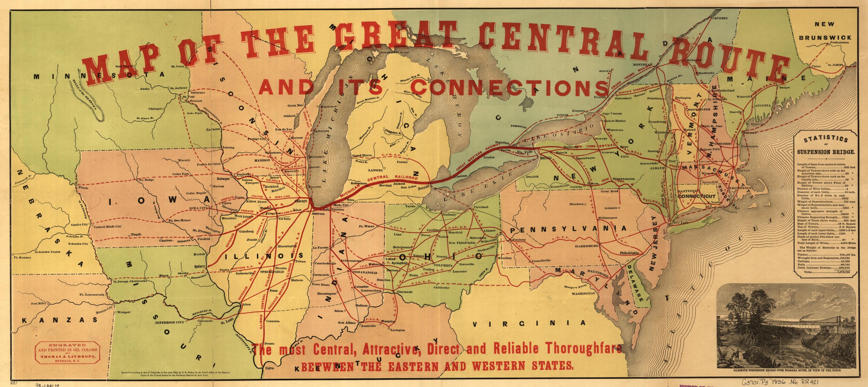 This old map of Map of the Great Central Route and Its Connections, the Most Central, Attractive, Direct and Reliable Thoroughfare Between the Eastern and Western States from 1856 was created by Great Central Railway (U.S.), C. E. Noble in 1856