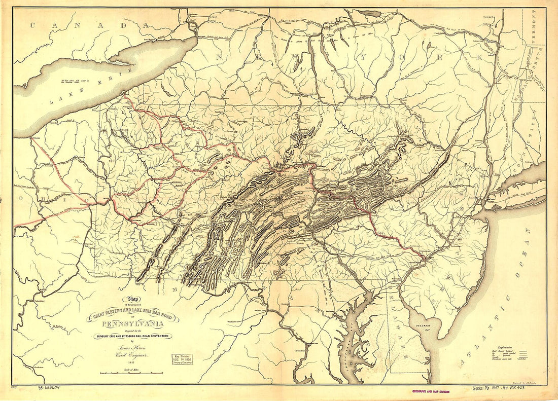 This old map of Map of the Proposed Great Western and Lake Erie Rail Road of Pennsylvania Projected for the Sunbury Erie and Pittsburg sic Rail Road Convention by James Herron Civil Engineer from 1847 was created by Great Western and Lake Erie Railroad,