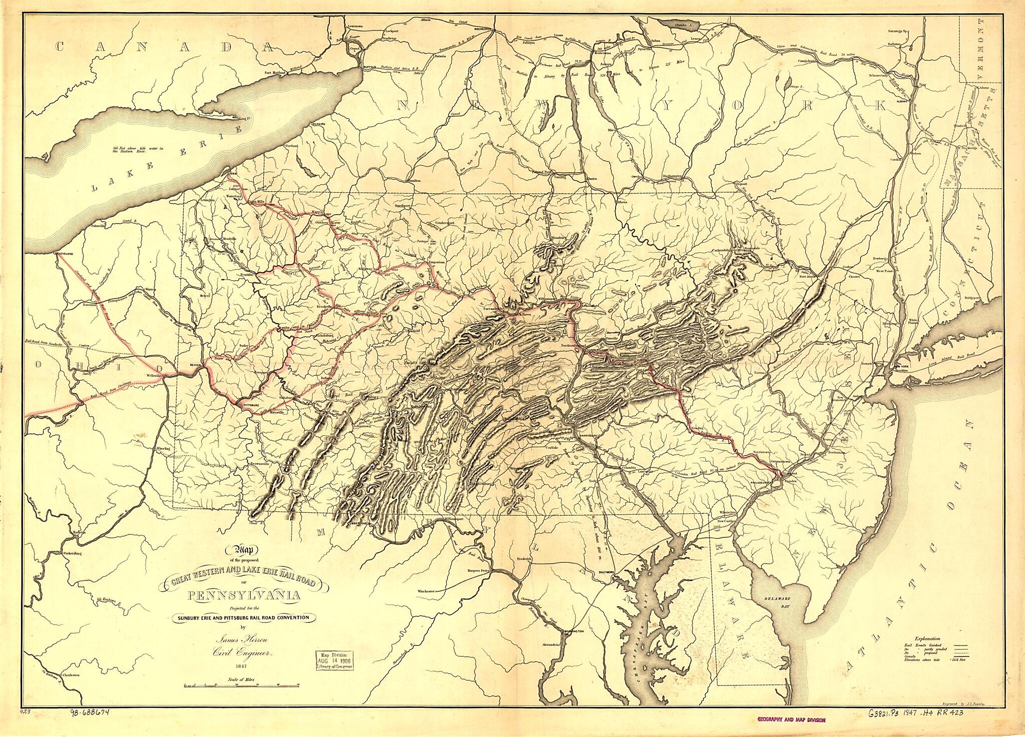 This old map of Map of the Proposed Great Western and Lake Erie Rail Road of Pennsylvania Projected for the Sunbury Erie and Pittsburg sic Rail Road Convention by James Herron Civil Engineer from 1847 was created by Great Western and Lake Erie Railroad,
