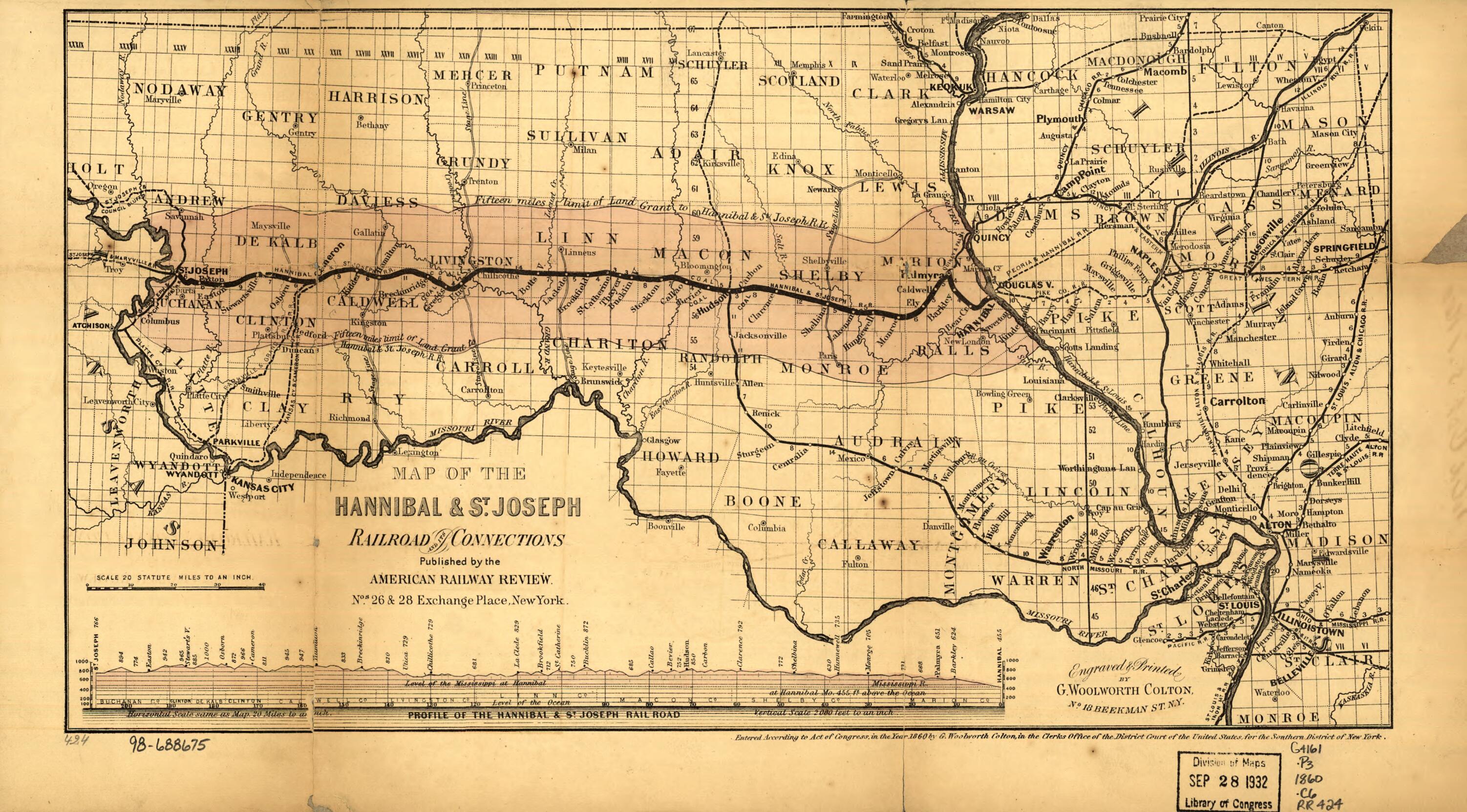 This old map of Map of the Hannibal & St. Joseph Railroad and Its Connections Published by the American Railway Review, New York from 1860 was created by G. Woolworth (George Woolworth) Colton, Hannibal and St. Joseph Railroad Company in 1860