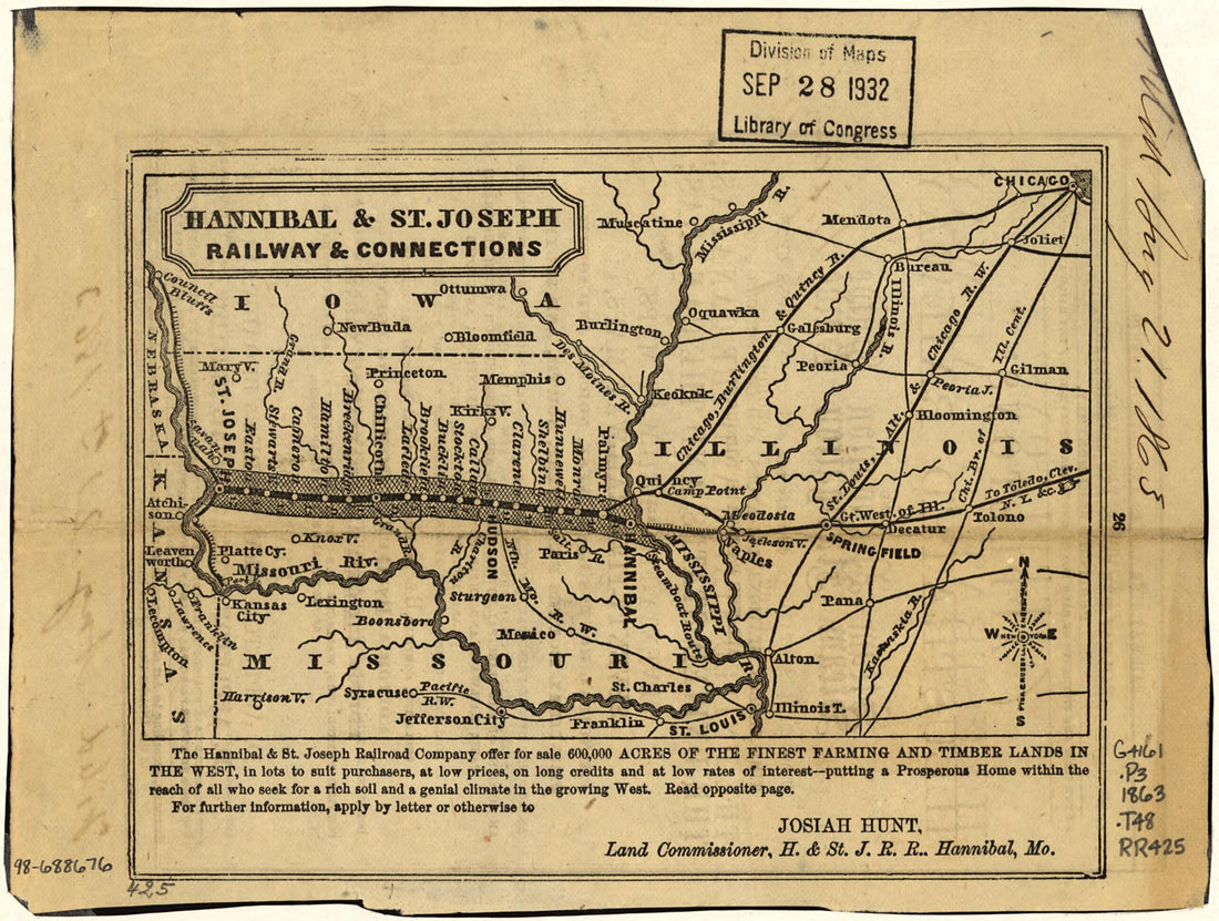 This old map of Hannibal & St. Joseph Railway & Connections from 1863 was created by Hannibal and St. Joseph Railroad Company, G. F. Thomas in 1863