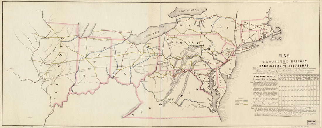 This old map of Map of the Projected Railway from Harrisburg to Pittsburg sic, With Proposed Extension to Cleveland, Wooster, Sandusky, Toledo, Cincinnati; Michigan City, Chicago, Galena, Rock Island, St. Louis, &a; In Connection With the Public Works of