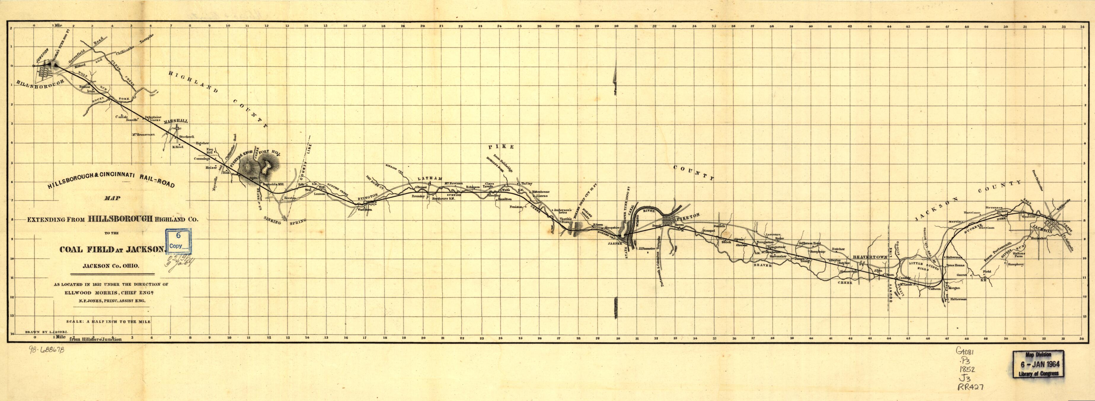 This old map of Road Map Extending from Hillsborough, Highland Co. to the Coal Field at Jackson, Jackson Co. Ohio; As Located In from 1852 Under the Direction of Ellwood Morris, Chief Engr. N. F. Jones, Princ. Assist. Eng was created by Hillsborough and