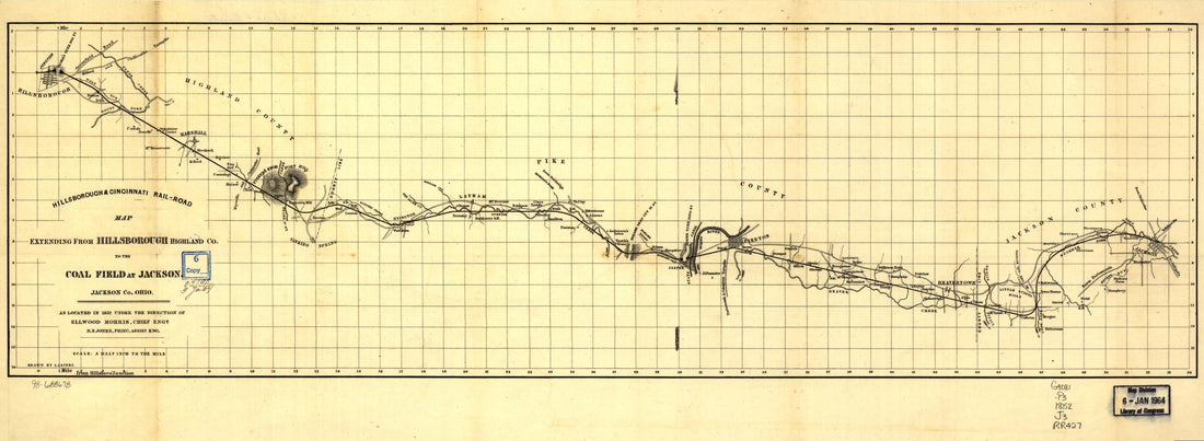 This old map of Road Map Extending from Hillsborough, Highland Co. to the Coal Field at Jackson, Jackson Co. Ohio; As Located In from 1852 Under the Direction of Ellwood Morris, Chief Engr. N. F. Jones, Princ. Assist. Eng was created by Hillsborough and