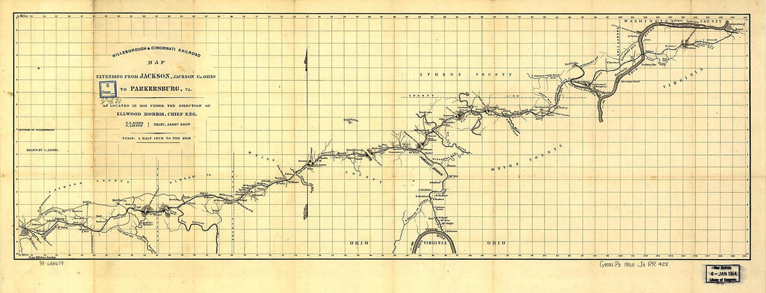 This old map of Hillsborough & Cincinnati Railroad Map Extending from Jackson, Jackson County Ohio to Parkersburg, Va., As Located In from 1853 Under the Direction of Ellwood Morris, Chief Eng. N. E. Jones, S. Linton, Princ. Assist. Engrs was created by