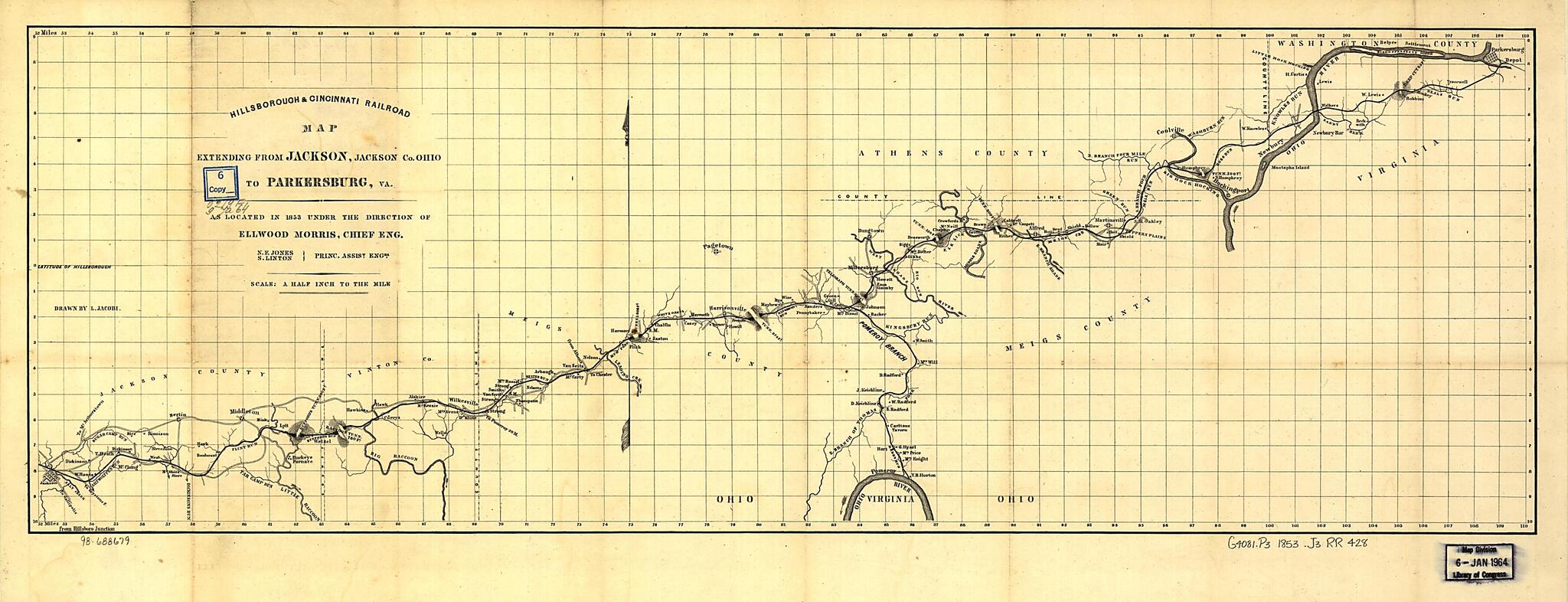 This old map of Hillsborough & Cincinnati Railroad Map Extending from Jackson, Jackson County Ohio to Parkersburg, Va., As Located In from 1853 Under the Direction of Ellwood Morris, Chief Eng. N. E. Jones, S. Linton, Princ. Assist. Engrs was created by