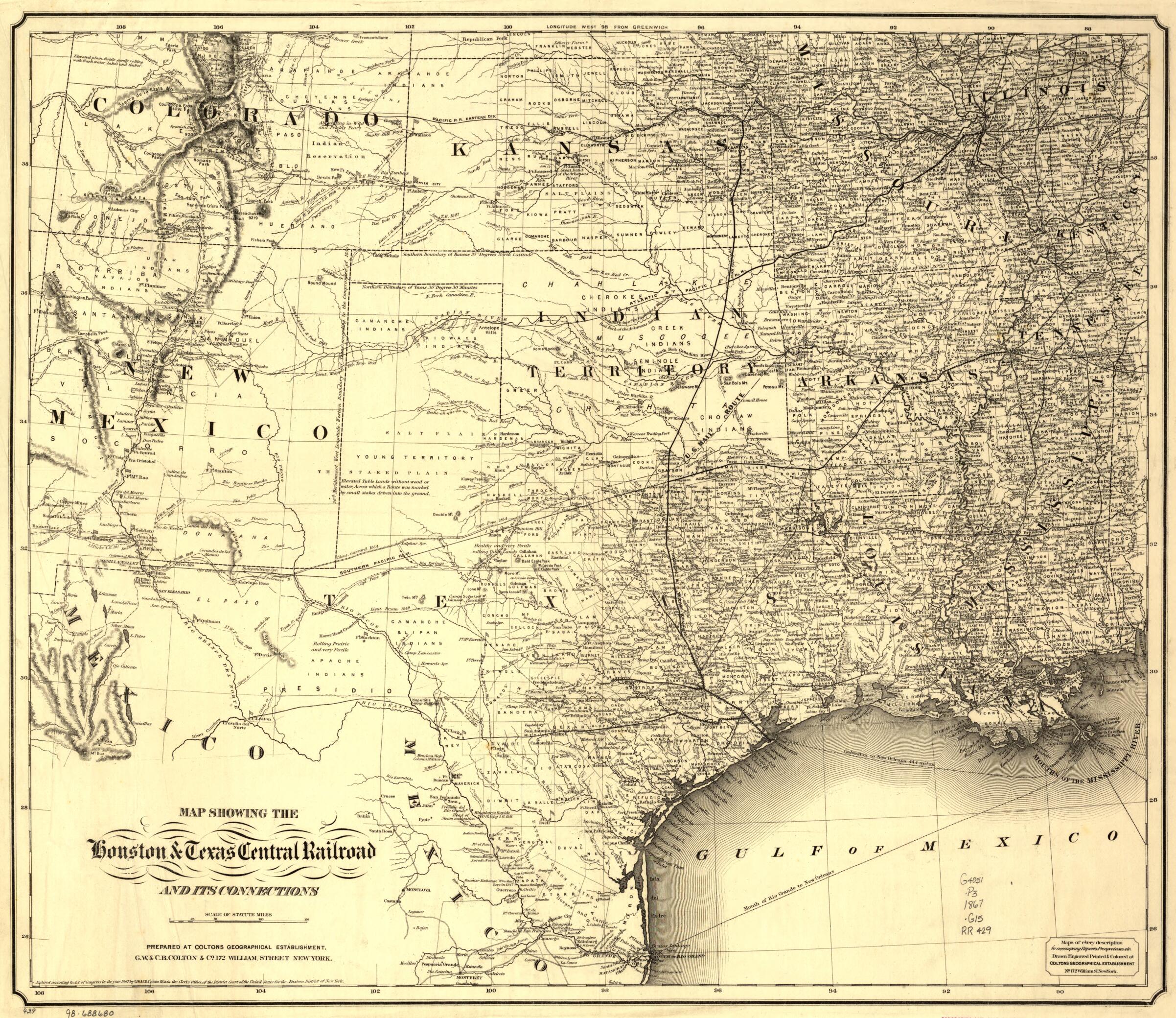 This old map of Map Showing the Houston & Texas Central Railroad and Its Connections, Prepared at Colton&