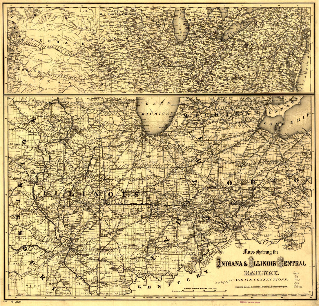 This old map of Map Showing the Indiana & Illinois Central Railway and Its Connections from 1872 was created by G.W. & C.B. Colton & Co, Indiana and Illinois Central Railway Company in 1872