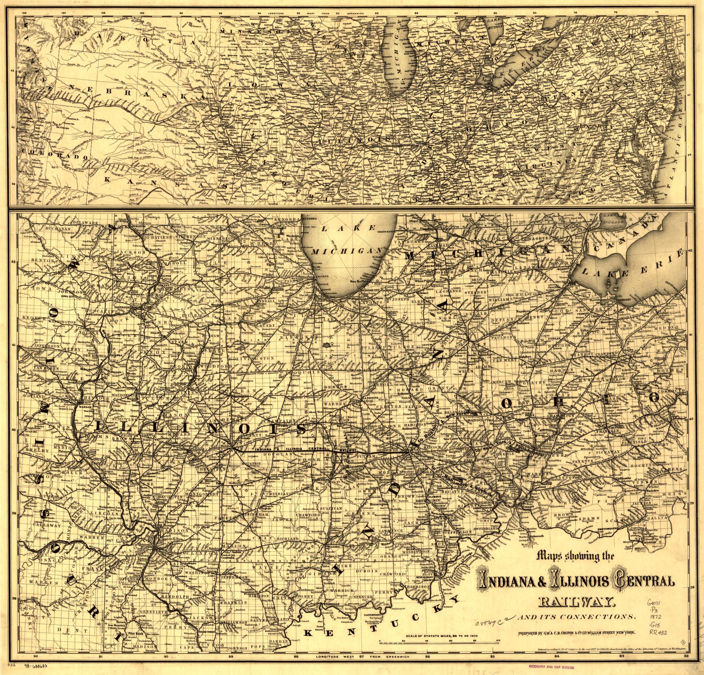 This old map of Map Showing the Indiana & Illinois Central Railway and Its Connections from 1872 was created by G.W. & C.B. Colton & Co, Indiana and Illinois Central Railway Company in 1872