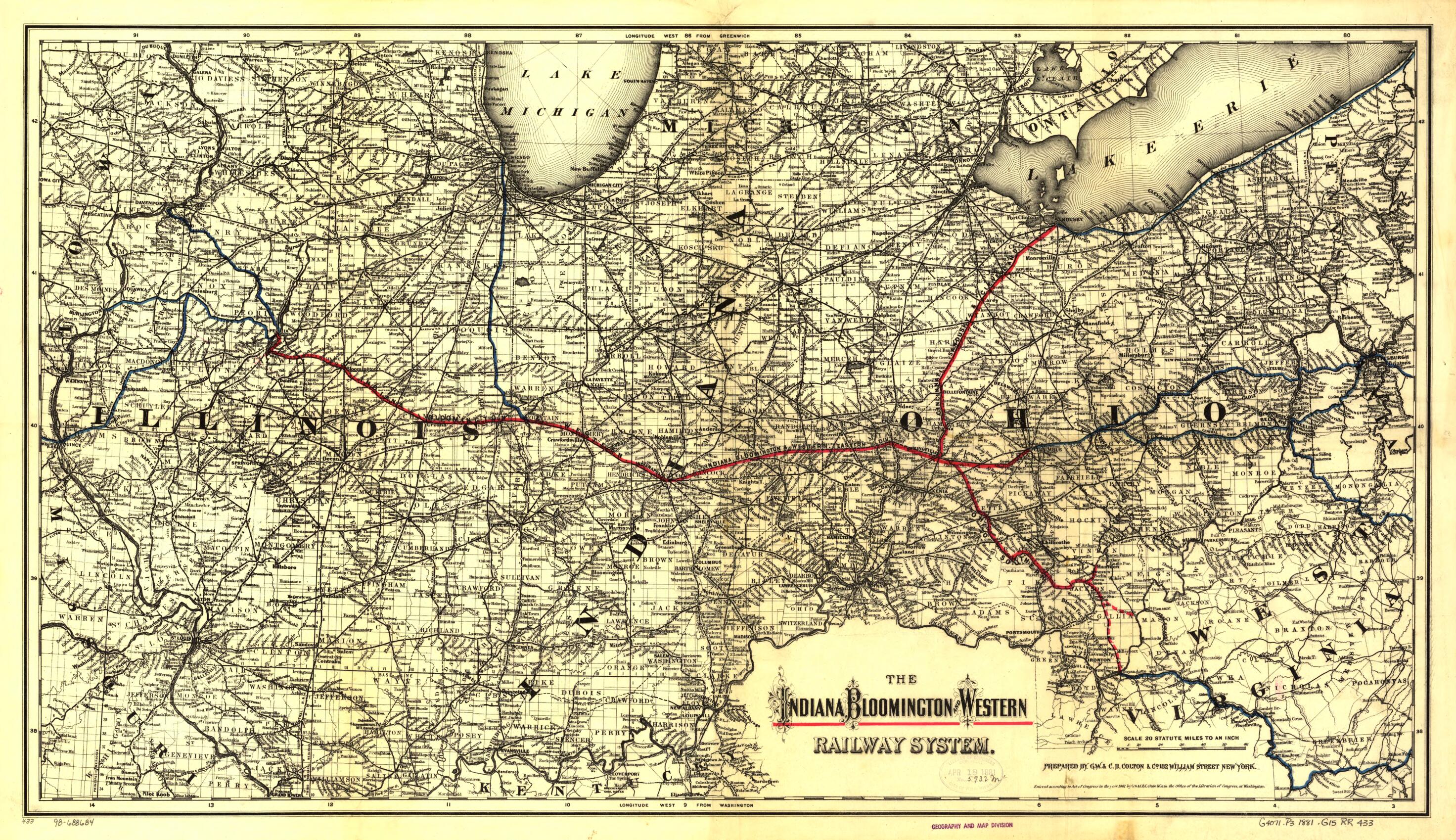 This old map of The Indiana, Bloomington and Western Railway System from 1881 was created by G.W. & C.B. Colton & Co, Bloomington Indiana in 1881
