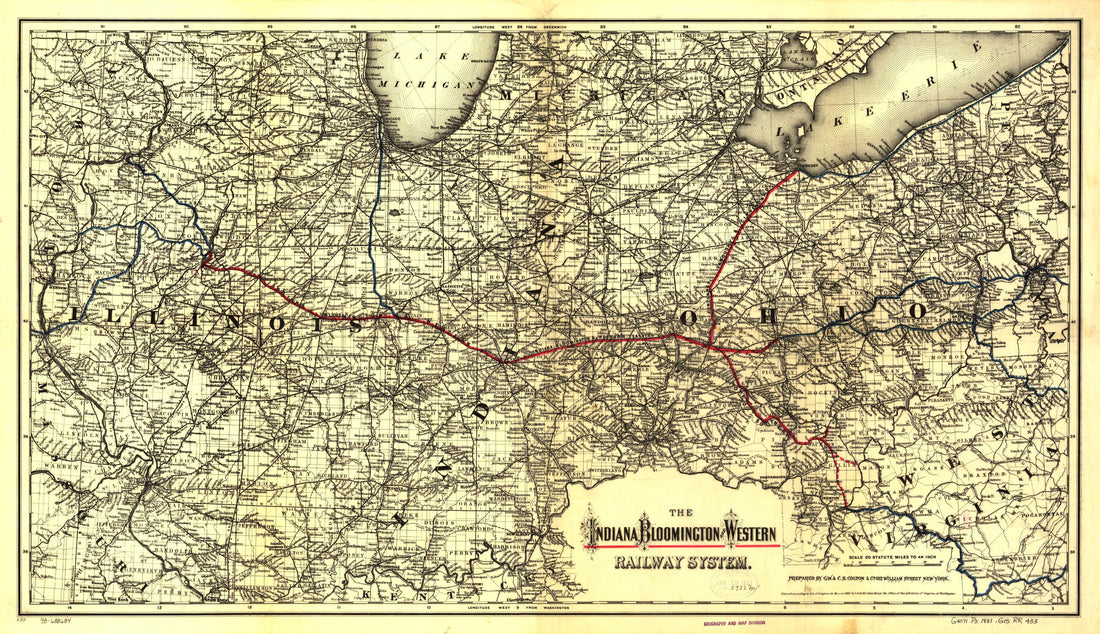 This old map of The Indiana, Bloomington and Western Railway System from 1881 was created by G.W. & C.B. Colton & Co, Bloomington Indiana in 1881