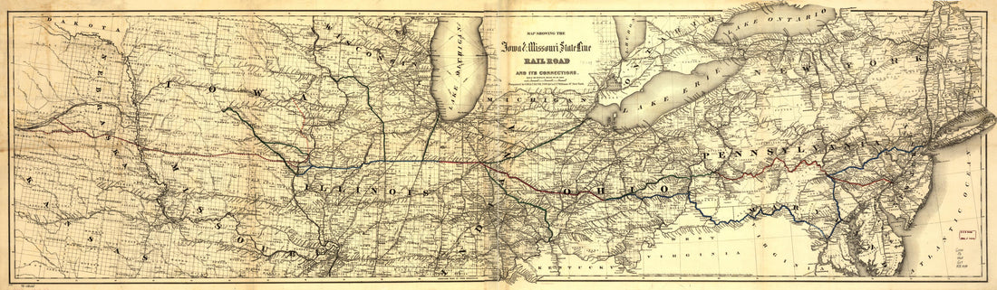 This old map of Map Showing the Iowa & Missouri State Line Railroad and Its Connections from 1868 was created by G.W. & C.B. Colton & Co, Iowa & Missouri State Line Railroad in 1868