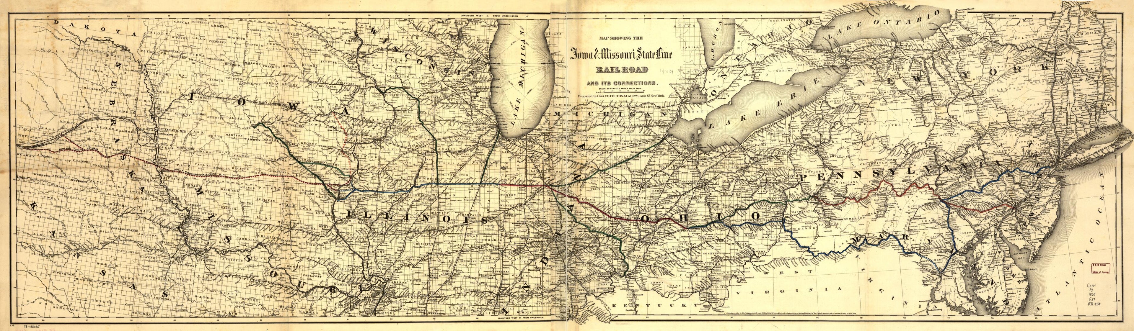 This old map of Map Showing the Iowa & Missouri State Line Railroad and Its Connections from 1868 was created by G.W. & C.B. Colton & Co, Iowa & Missouri State Line Railroad in 1868