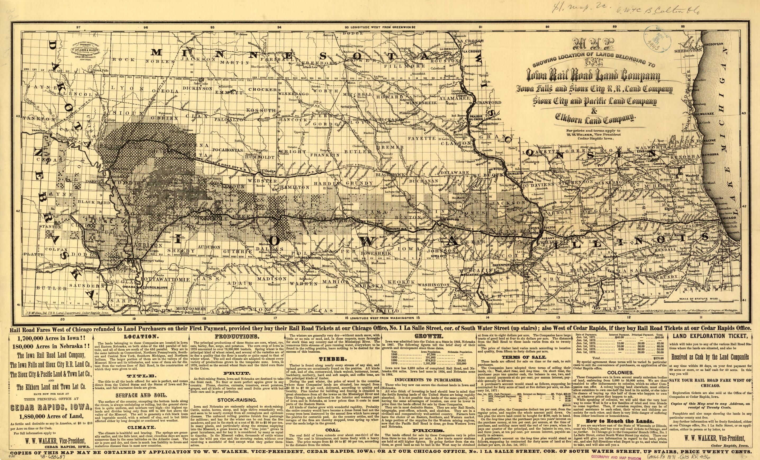 This old map of Map Showing Location of Lands Belonging to the Iowa Rail Road Land Company Iowa Falls, and Sioux City R.R. Land Company Sioux City, and Pacific Land Company & Elkhorn Land Company, J. T. McAlvin, Del. I.R.R. Land Department, Cedar Rapids,