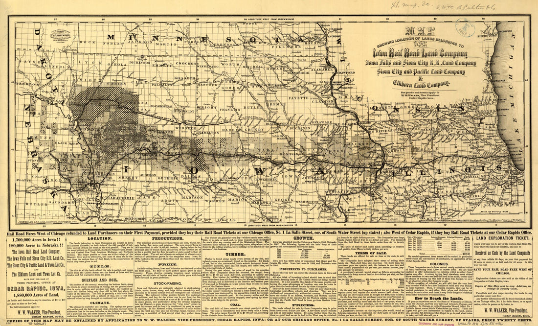 This old map of Map Showing Location of Lands Belonging to the Iowa Rail Road Land Company Iowa Falls, and Sioux City R.R. Land Company Sioux City, and Pacific Land Company & Elkhorn Land Company, J. T. McAlvin, Del. I.R.R. Land Department, Cedar Rapids,