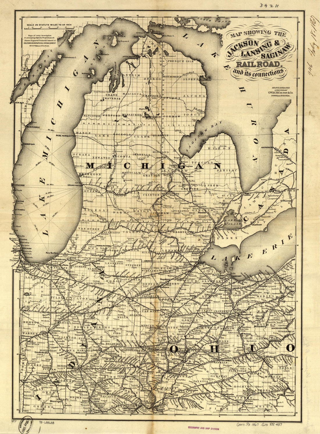 This old map of Map Showing the Jackson, Lansing & Saginaw Railroad and Its Connections from 1867 was created by G.W. & C.B. Colton & Co, Lansing Jackson in 1867