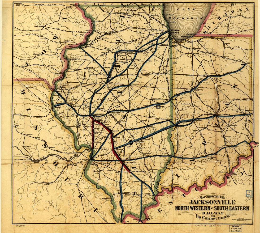 This old map of Map Showing the Jacksonville North Western and South Eastern Railway and Its Connections from 1850 was created by Northwestern & Southeastern Railway Company Jacksonville, Gaylord Watson in 1850