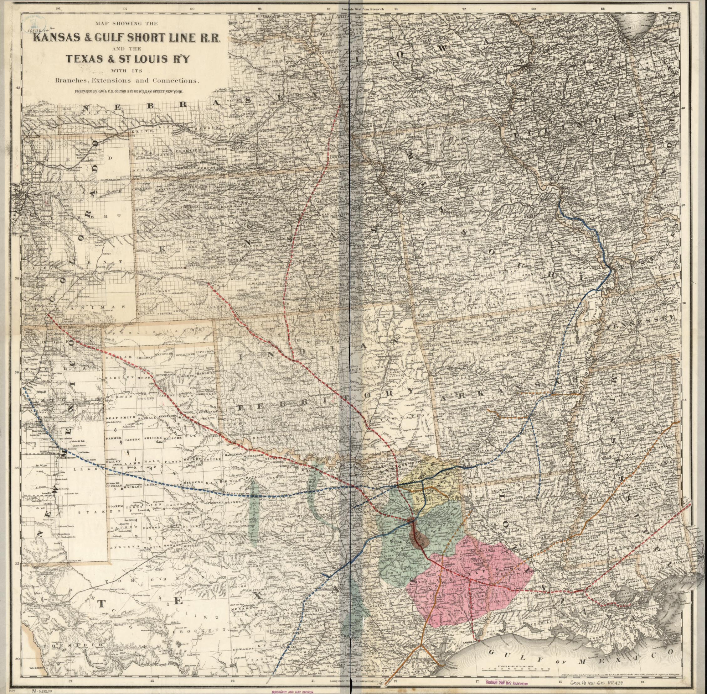 This old map of Map Showing the Kansas & Gulf Short Line R.R. and the Texas & St. Louis R&