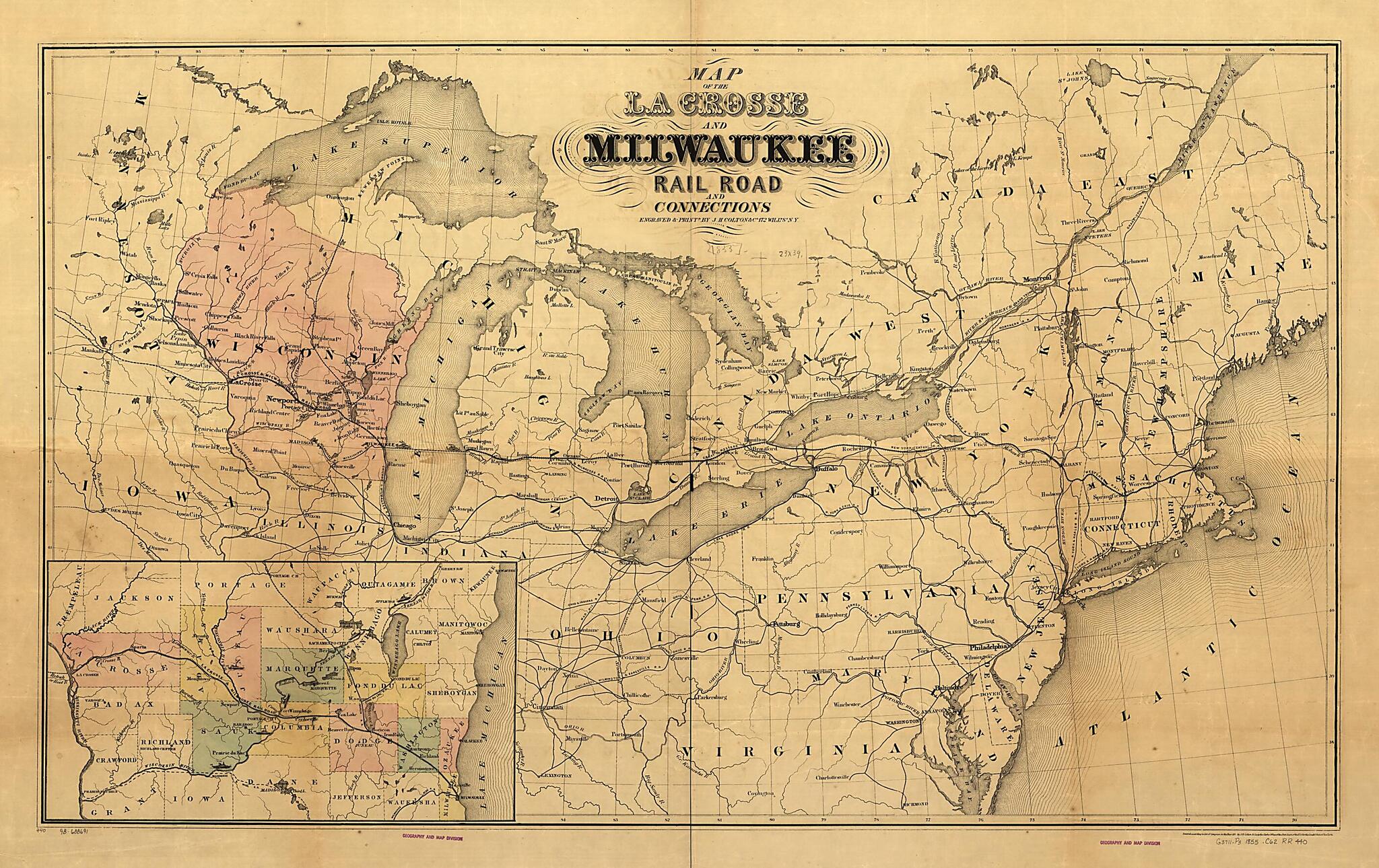 This old map of Map of the La Crosse and Milwaukee Rail Road and Connections from 1855 was created by J. H. (Joseph Hutchins) Colton, La Crosse and Milwaukee Railroad Company in 1855