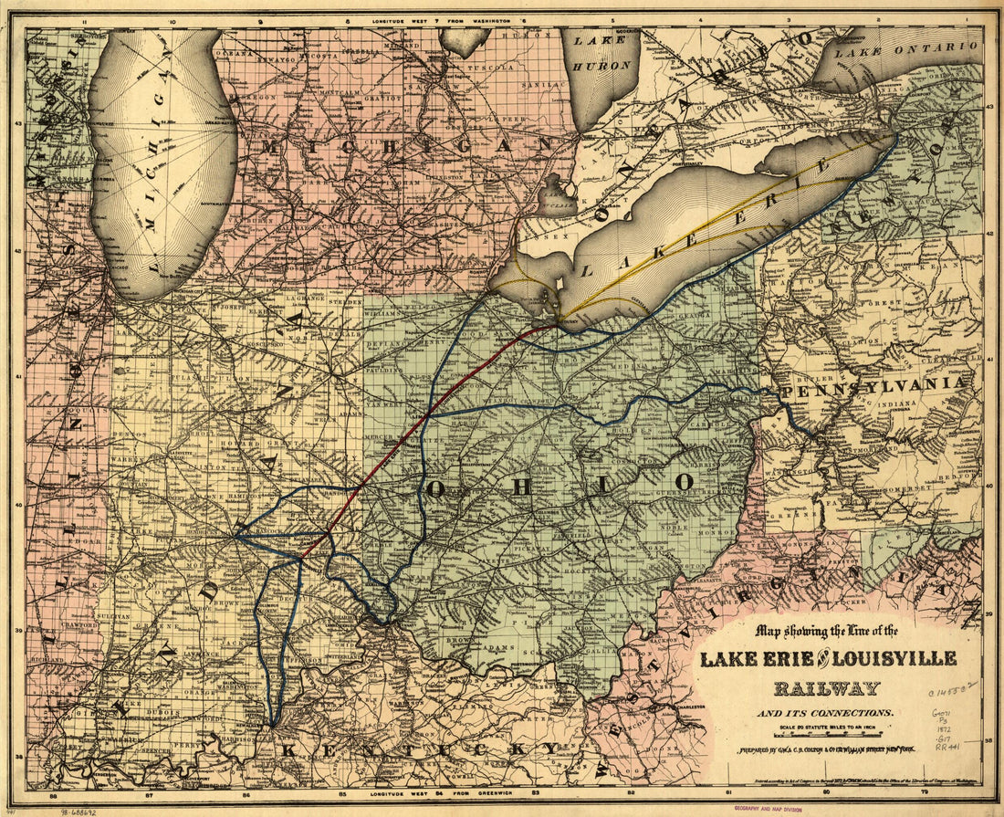This old map of Map Showing the Line of the Lake Erie and Louisville Railway and Its Connections from 1872 was created by G.W. & C.B. Colton & Co, Lake Erie & Louisville Railway Company in 1872