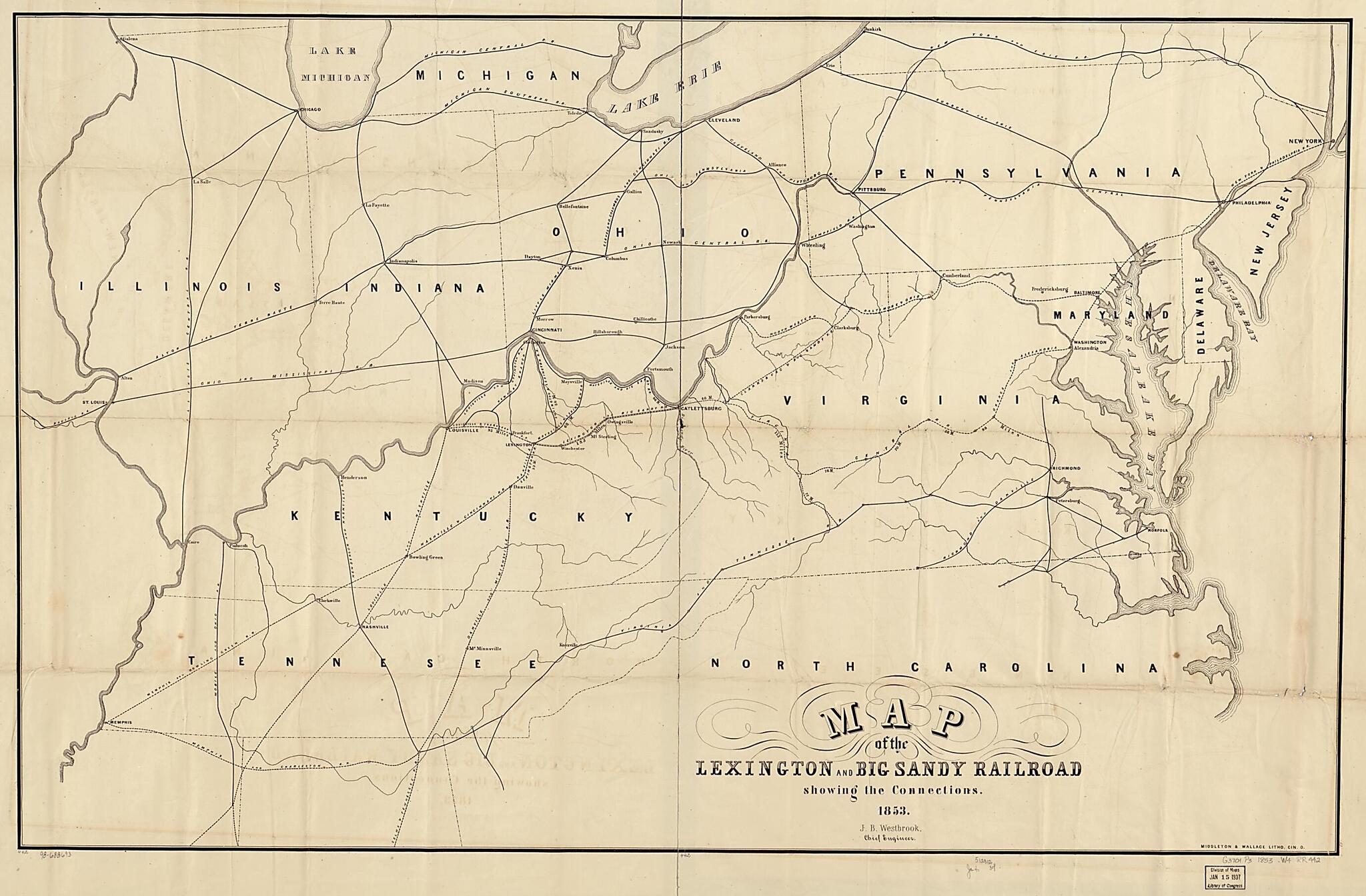 This old map of Map of the Lexington and Big Sandy Railroad Showing the Connections, from 1853, J. B. Westbrook, Chief Engineer was created by Lexington and Big Sandy Railroad, J. B. Westbrook in 1853