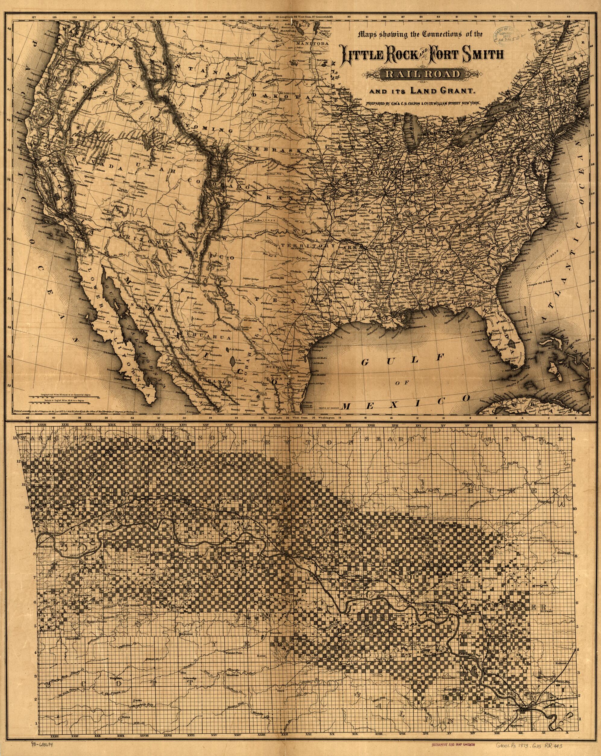 This old map of Maps Showing the Connections of the Little Rock and Fort Smith Railroad and Its Land Grant from 1873 was created by G.W. & C.B. Colton & Co, Little Rock & Fort Smith R.R. Co in 1873