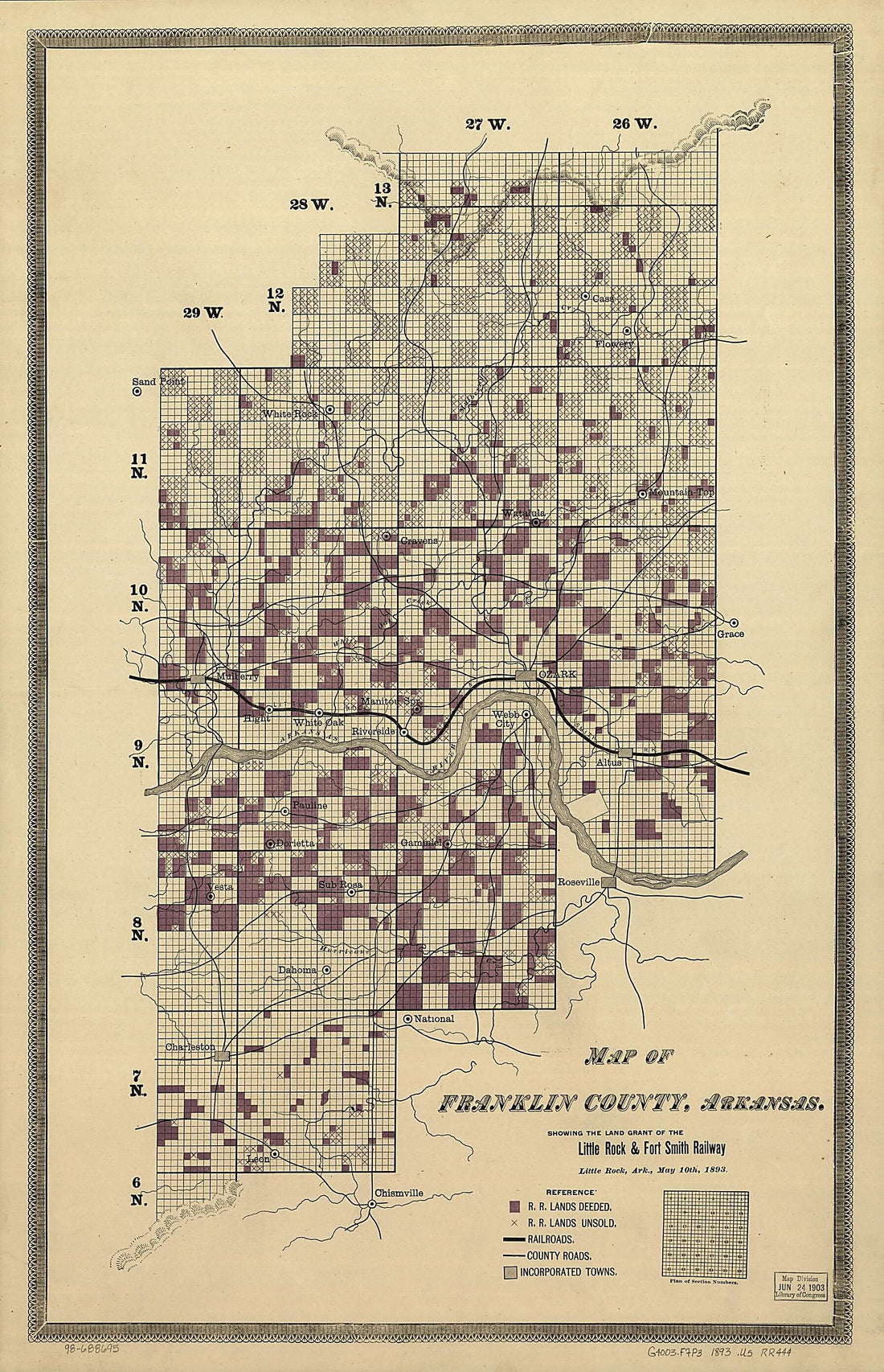 This old map of Map of Franklin County, Arkansas; Showing the Land Grant of the Little Rock & Fort Smith Railway from 1893 was created by Little Rock & Fort Smith R.R. Co, United States. General Land Office in 1893