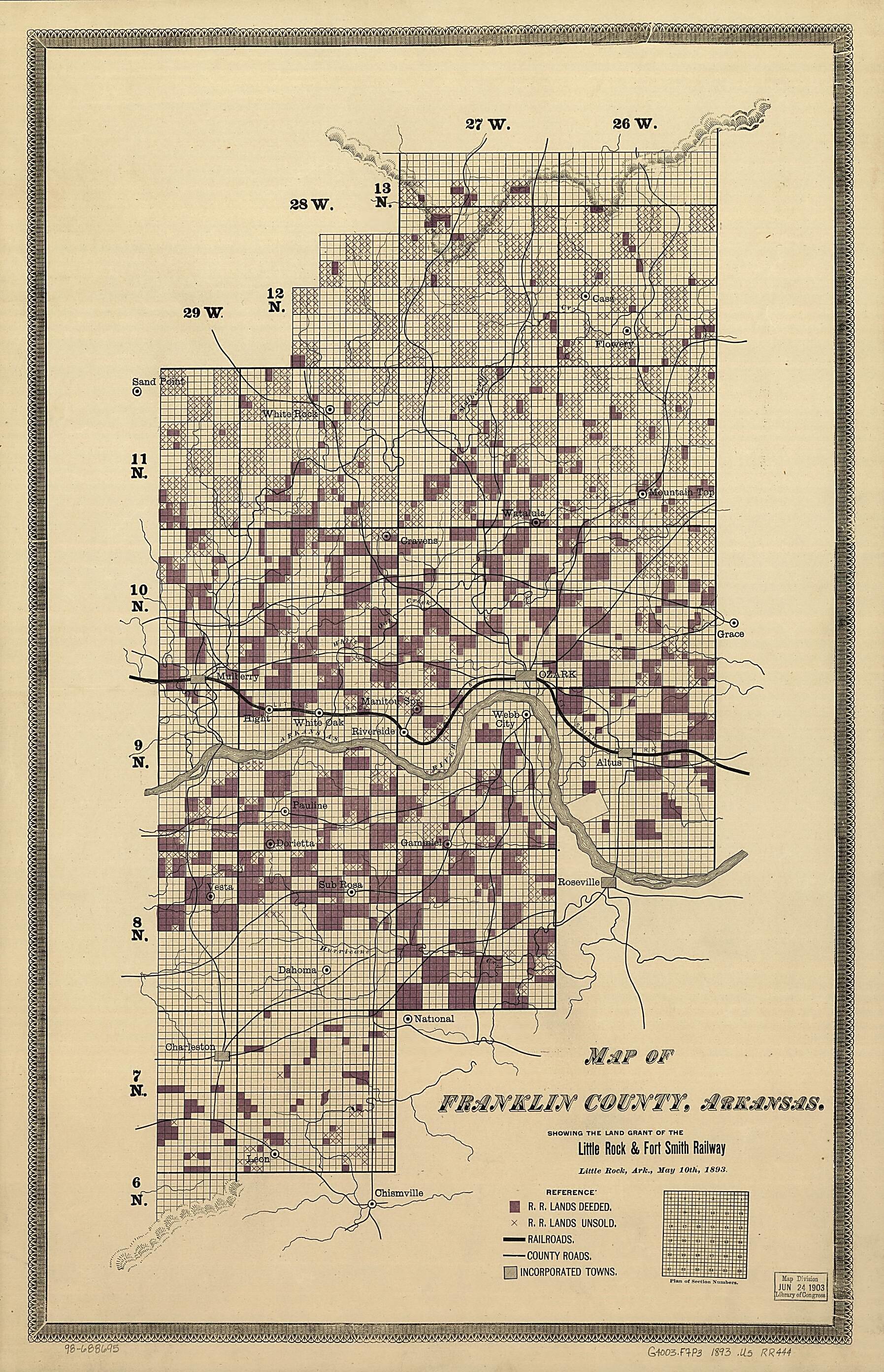 This old map of Map of Franklin County, Arkansas; Showing the Land Grant of the Little Rock & Fort Smith Railway from 1893 was created by Little Rock & Fort Smith R.R. Co, United States. General Land Office in 1893
