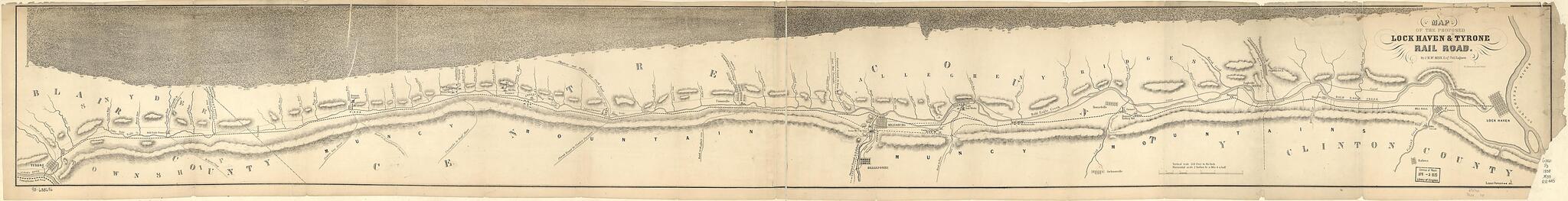 This old map of Map of the Proposed Lock Haven & Tyrone Rail Road, by J. M. McMinn, Esqr. Civil Engineer from 1858 was created by J. M. (Joseph M.) McMinn, Tyrone and Lock Haven Railroad Company in 1858