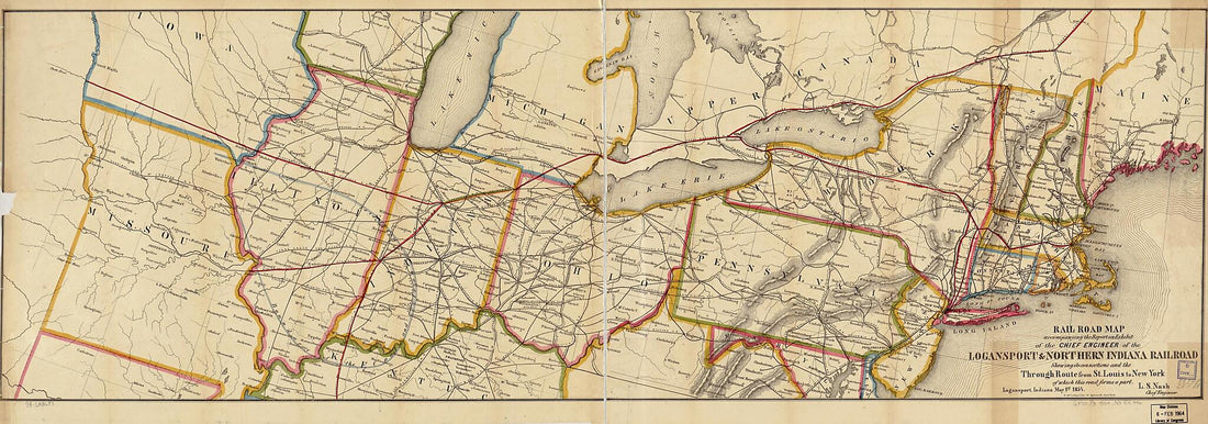 This old map of Rail Road Map Accompanying the Report And Exhibit of the Logansport & Northern Indiana Railroad Showing Its Connections and the Through Route from St. Louis to New York of Which This Road Forms a Part; Logansport, Indiana May 1st from 185