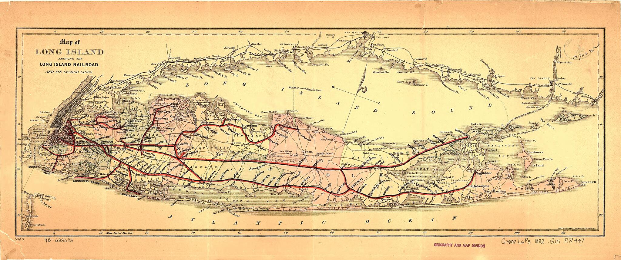 This old map of Map of Long Island Showing the Long Island Railroad and Its Leased Lines from 1882 was created by G.W. & C.B. Colton & Co, Long Island Rail Road in 1882