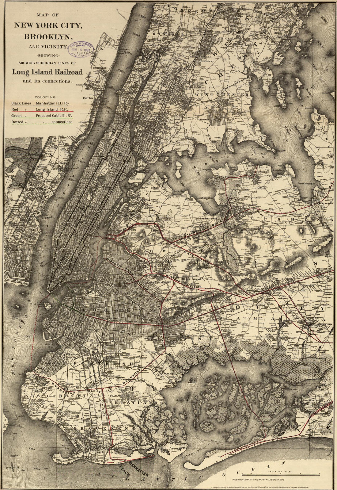 This old map of Map of New York City, Brooklyn, and Vicinity, Shewing sic Suburban Lines of Long Island Railroad and Its Connections from 1885 was created by G.W. & C.B. Colton & Co, Long Island Rail Road in 1885