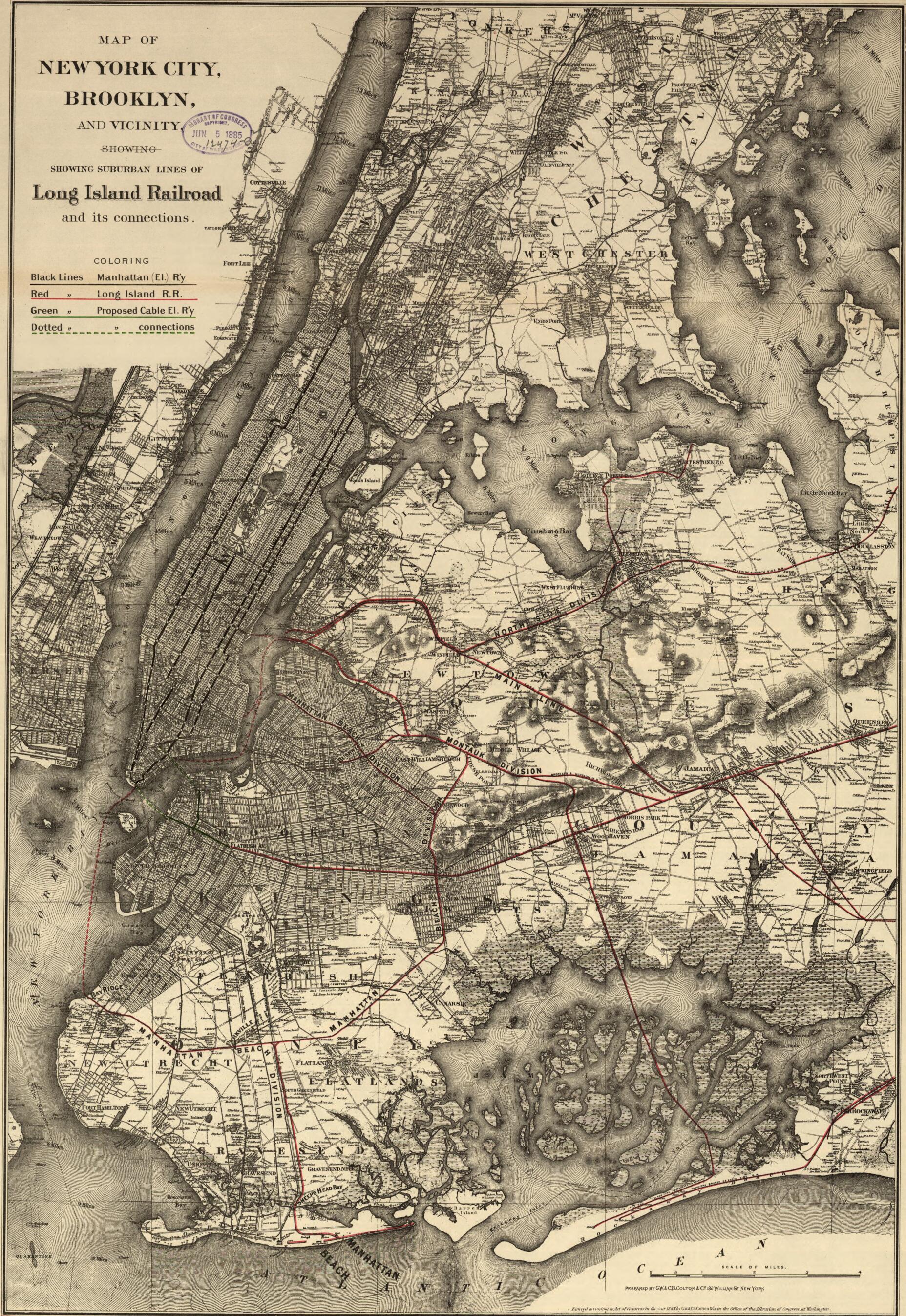 This old map of Map of New York City, Brooklyn, and Vicinity, Shewing sic Suburban Lines of Long Island Railroad and Its Connections from 1885 was created by G.W. & C.B. Colton & Co, Long Island Rail Road in 1885