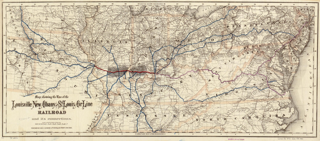 This old map of Map Showing the Line of the Louisville, New Albany, and St. Louis Air Line Railroad and Its Connections from 1872 was created by G.W. & C.B. Colton & Co, New Albany Louisville in 1872